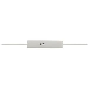 0.1ohm 10W 10W0.1rj 10 Watts 0.1R Resistor - a white rectangular ceramic resistor with a wire lead extending from each end and "10W" printed on its side.