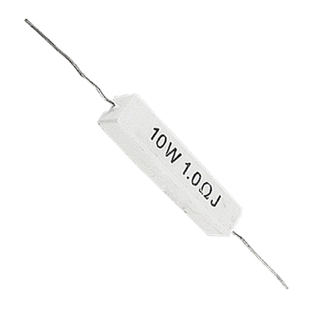 0.1ohm 10W 10W0.1rj 10 Watts 0.1R Resistor - a white rectangular cement resistor with two metal wire leads extending from opposite ends and text printed on the side.