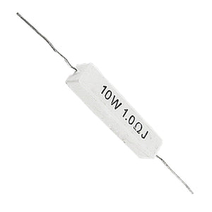 0.1ohm 10W 10W0.1rj 10 Watts 0.1R Resistor - a white rectangular cement resistor with two metal wire leads extending from opposite ends and text printed on the side.