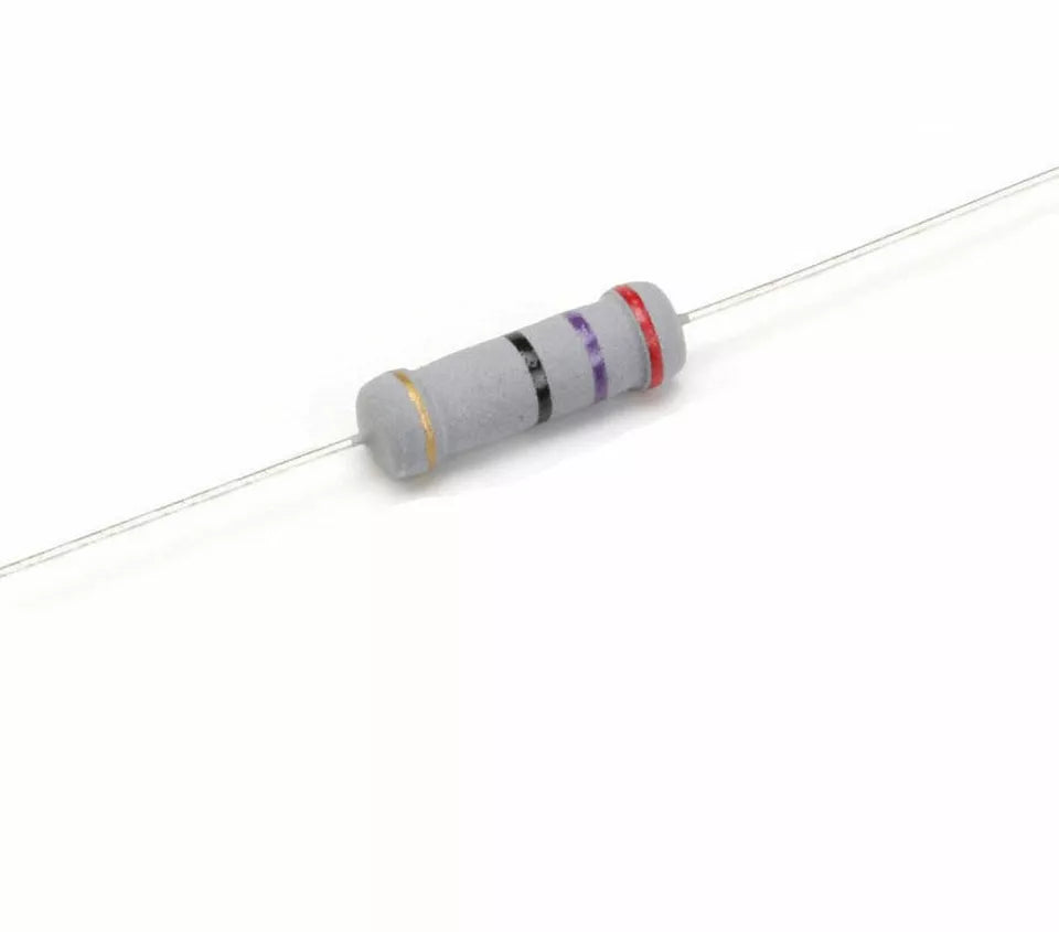 0.1ohm 2W 2W0.1rj 2 Watts 0.1R Resistor - a grey cylindrical electronic component with a wire lead at each end and four coloured bands, isolated against a white background.