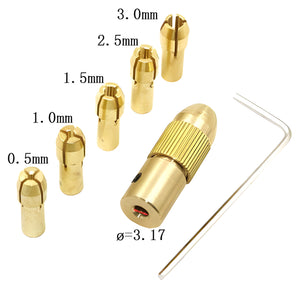 0.5-3mm Mini Drill Chuck Small Electric Drill Bit Collet Micro Twist Drill Chuck Set Power Tools - five gold-colored brass collets of varying sizes, a drill chuck, and an L-shaped hex key on a white background.