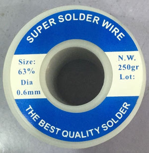 0.6mm Proskit 8pk-033A-L 250 Gram Solder Wire - a top-down view of a spool of solder wire with a blue and white label showing 63% and 0.6mm diameter.