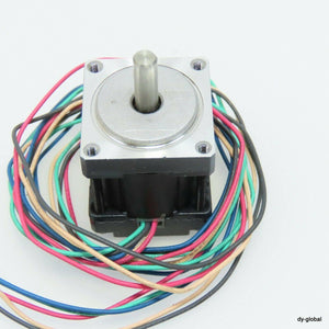 0.75A 5-phase Vexta Oriental Stepper Motor PMM33AH2 - a square-bodied silver and black motor with a central metal shaft and a bundle of multicolored connecting wires.