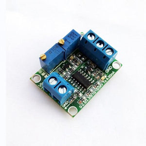 0 to 10V 0-5V To 4-20mA Converter Module Voltage To Current Module - a green circuit board with two blue screw terminal blocks and two adjustable potentiometers.