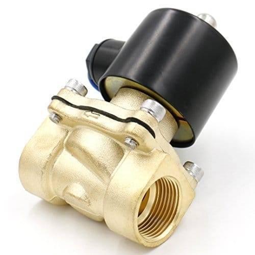 1/2 Inch 12VDC Electric Solenoid Valve Coil For Water Air Gas - a brass valve body with a black cylindrical coil and threaded inlet and outlet ports.