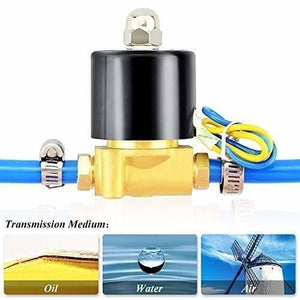 1/4 Inch 220V AC Brass Solenoid Valve For Water Oil Gas - body with a black cylindrical coil, blue tubing attached with metal clamps, and electrical wires.