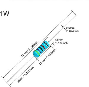 1/4 Watt, Quarter Watt ,0.25W 1% Metal Film Resistor - a blue axial-lead component shown in a technical diagram with various length and diameter measurements in millimeters and inches.