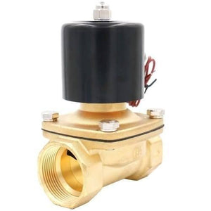 1.5 Inch 220V AC Brass Electric Solenoid Valve For Water Air Gas Fuels - a gold-toned brass valve body with a black cylindrical solenoid coil and two red wires.
