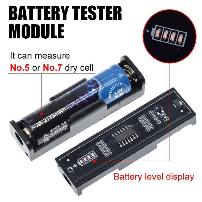 1.5V Battery Tester For AA AAA High Precision Capacity Battery Detector With 4 Indicator Lights - a black plastic module with a battery holder, a AA battery inserted, and a four-segment LED battery level display.