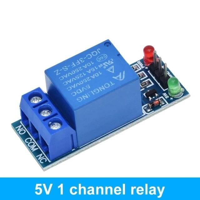 1 Channel Relay Module For Arduino - a blue relay, a three-terminal screw connector, two LEDs, and a three-pin header on a blue circuit board.