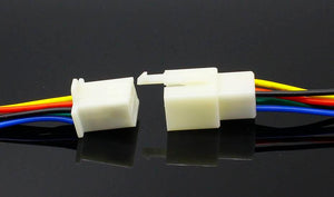 1 Kit 6 Pin Way Electrical Wire Connector Plug Set auto connectors with cable - two white plastic connector housings with multi-colored wires disconnected on a black background.
