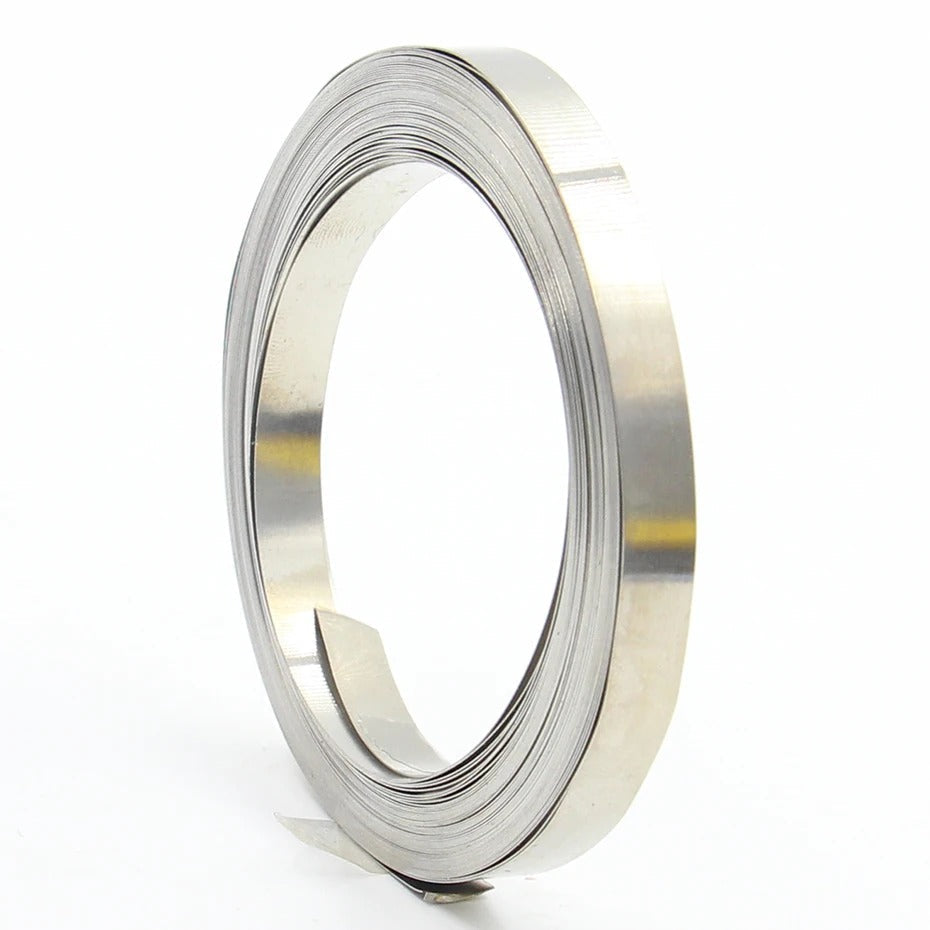 1 Meter 18650 Nickel Strip Belt Tape Li-ion Battery Connector Spcc Spot Welding BMS Parts 0.12mm 10mm - shown as a single silver-coloured metal strip coiled into a flat, circular roll against a white background.