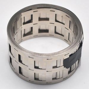 1 Meter 3p Configuration Pure Nickel Strip 0.15mm Thickness - shown as a silver-coloured metal strip with rectangular cutouts rolled into a coil.