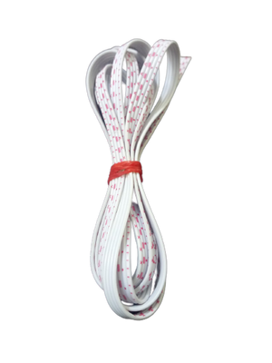 1 Meter 4 Pin JST Wire - a long white ribbon cable with pink markings coiled and secured with a small red rubber band.