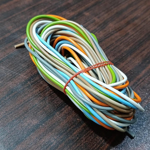 1 Meter 7 Core Wiring Cable - shown as a coiled bundle of multi-coloured insulated wires held together by a thin red rubber band on a wooden surface.