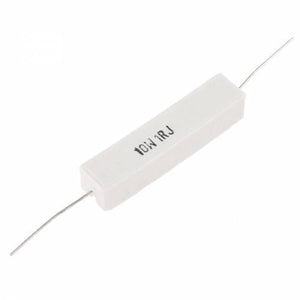 1 Ohm 1R 10W High Power Resistor 10W1RJ - a white, rectangular cement-style axial resistor with metal wire leads extending from both ends.
