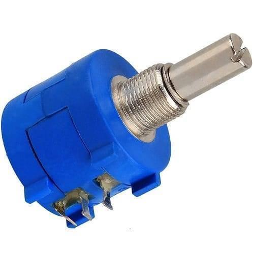1 Piece Multiturn Potentiometer 10k Ohm Pot 3590S-2-103L - a blue cylindrical component featuring a metallic threaded shaft and three bottom terminals.