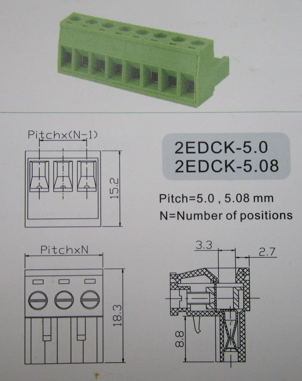 10 Pin Connector PCB Mount Right Angle Bent Screw Terminal - shown as a green physical unit alongside a technical dimension and specification diagram.