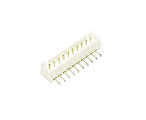 10 Pin JST Xh Male Right Angle Connector 2.54mm Pitch - shown as a white plastic housing with ten vertical metal pins bent at a right angle.