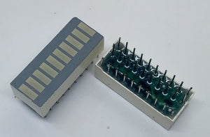 10 Segment Dual LED Light Display Module Bar Graph Ultra Bright Red Yellow Orange Colors Multi-color - two rectangular bar graph components with ten segments each, viewed from the front and back pin side.