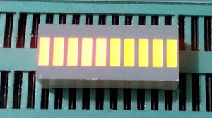 10 Segment LED Light Display Module Bar Graph Ultra Bright Red Yellow Green Colors Multi-color - with ten illuminated yellow LED segments mounted on a green breadboard.