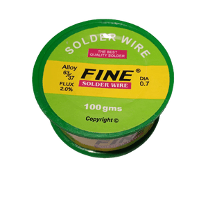 100 Grams Soldering Wire - round green and yellow plastic spool with labels reading Fine Solder Wire, 63/37 alloy, 2.0% flux, and 0.7 diameter.