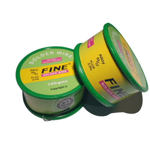 100 Grams Soldering Wire - shown as two cylindrical green and yellow spools labeled "FINE" with 63/37 alloy and 2.0% flux specifications.