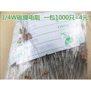 1000 Pcs Of 1/4 Watt, Quarter Watt ,0.25W 5% Resistor - shown in a clear plastic bag with a white paper label featuring Chinese text and a RoHS logo.
