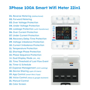 100A 3 Phase Smart WiFi Meter 22 In 1 3P4W WiFi Photovoltic Smart Meter - a white device with a color display reading 0.30kwh, 241.9V, and 000mA, alongside a list of 22 features.
