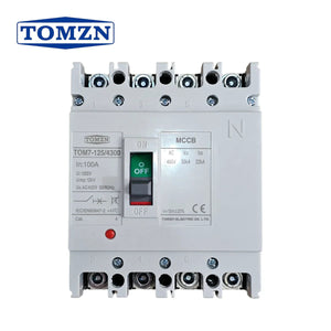 100A Tomzn TOM7-125/4300 Mccb 100A 4 Pole Circuit Breaker - a grey rectangular device with a central green ON/OFF toggle switch and a red test button.