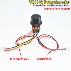 100k Ohm Linear Taper Rotary Potentiometer With Wire Portable - WH148 Potentiometer with Switch Function shows a black rotary knob attached to a circuit board with a 3-pin XH2.54 connector and a 2-pin switch wire.
