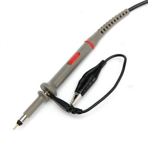 100MHz Oscilloscope Scope Clip Probes P6100 - shown as a grey probe with a red switch, a black alligator ground clip, and a gold-tipped connector.