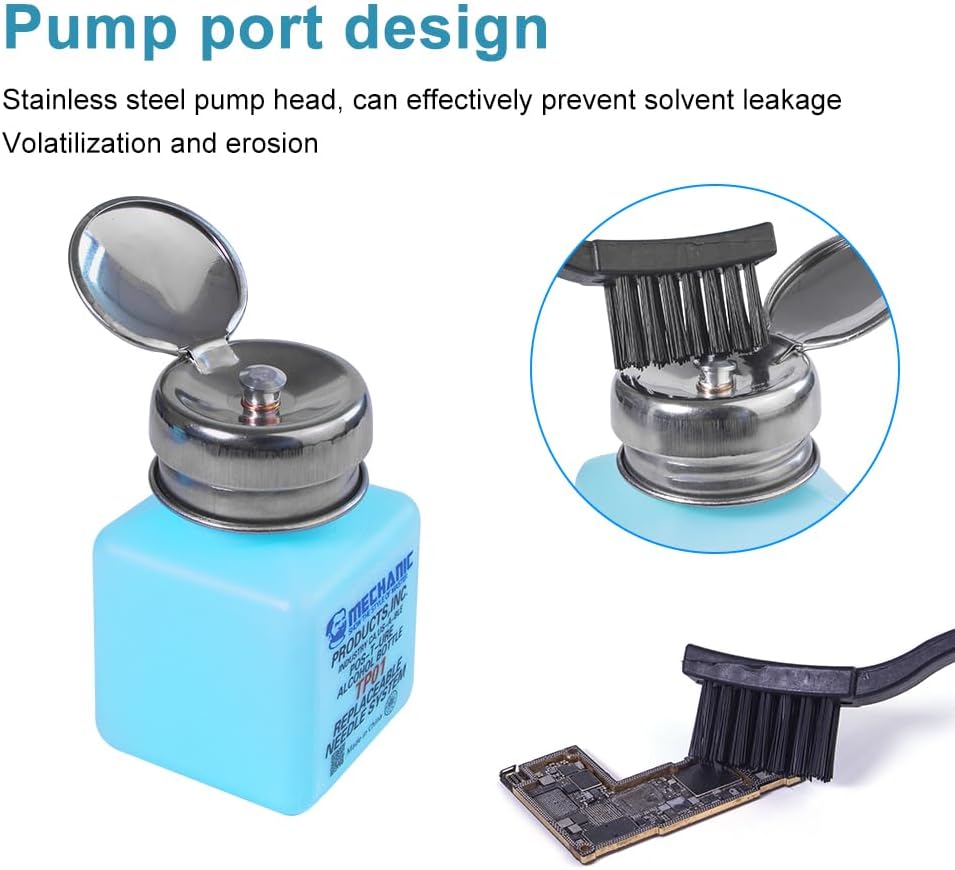 100ML Metal Cap Plastic Empty Pot Container Dispenser Bottle - shown with a blue square bottle, a stainless steel pump head, and a black cleaning brush.