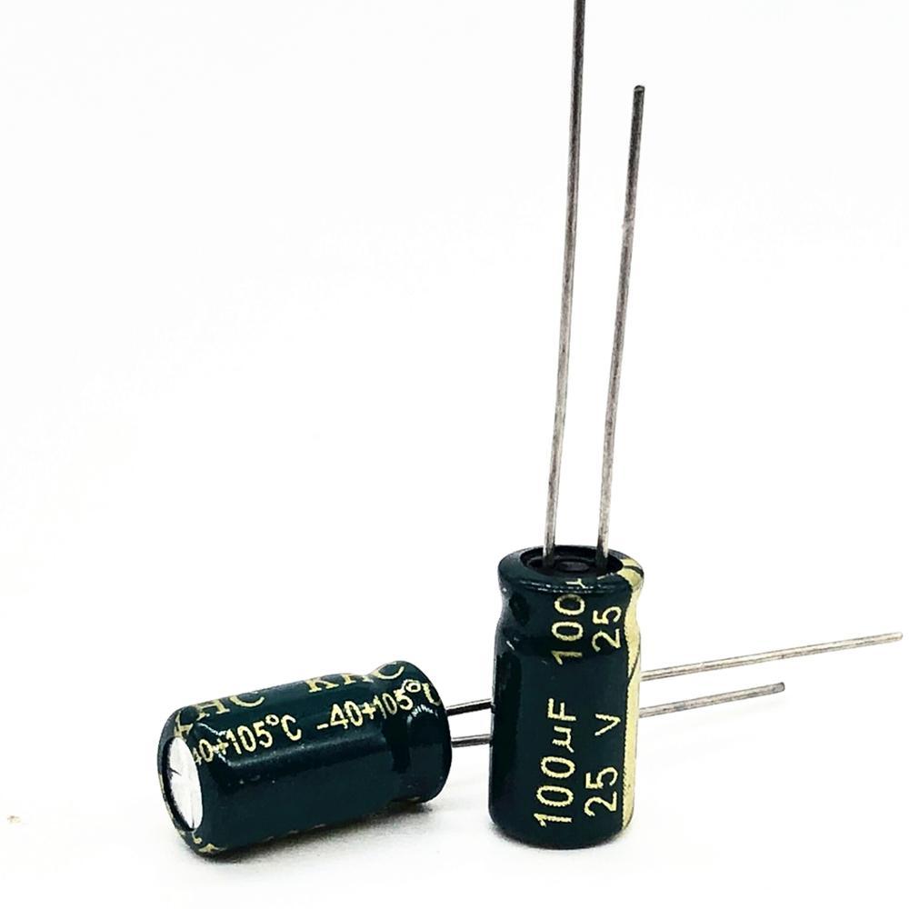 100uF 25V Electrolytic Polar Capacitor - shown as two dark green cylindrical components with two metal leads each, featuring printed temperature ratings.