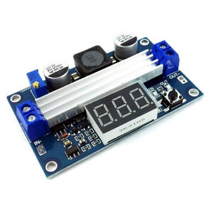100W Adjustable DC Boost Converter With Display - a blue circuit board with a heat sink, a three-digit display, screw terminals, and a button.