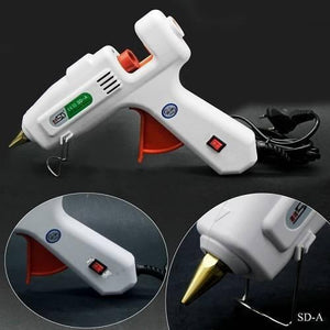 100W Hot Melt Glue Gun SD-a - shown in a white plastic body with an orange trigger, power switch, metal stand, and cord, including two close-up views.