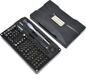 106pcs Jm-8177 Screwdriver Kit - Magnetic Repair Tool Set With Crv Plated Bits - an open black plastic case containing a grey aluminum handle, a soft rod, tweezers, and numerous metal driver bits.