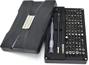 106pcs Jm-8177 Screwdriver Kit - Magnetic Repair Tool Set With Crv Plated Bits - a black open storage case containing a screwdriver handle, extension rod, tweezers, and an array of metal bits.