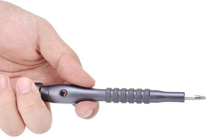106pcs Jm-8177 Screwdriver Kit - Magnetic Repair Tool Set With Crv Plated Bits - a close-up of a hand holding the grey, textured metal screwdriver handle with a bit inserted in the tip.