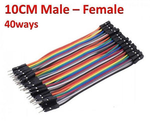 10cm Pin To Hole Jumper Wire Dupont Line 40 Pin Male To Female Arduino Jumper Wires - show a multi-coloured ribbon of 40 individual male-to-female cables.