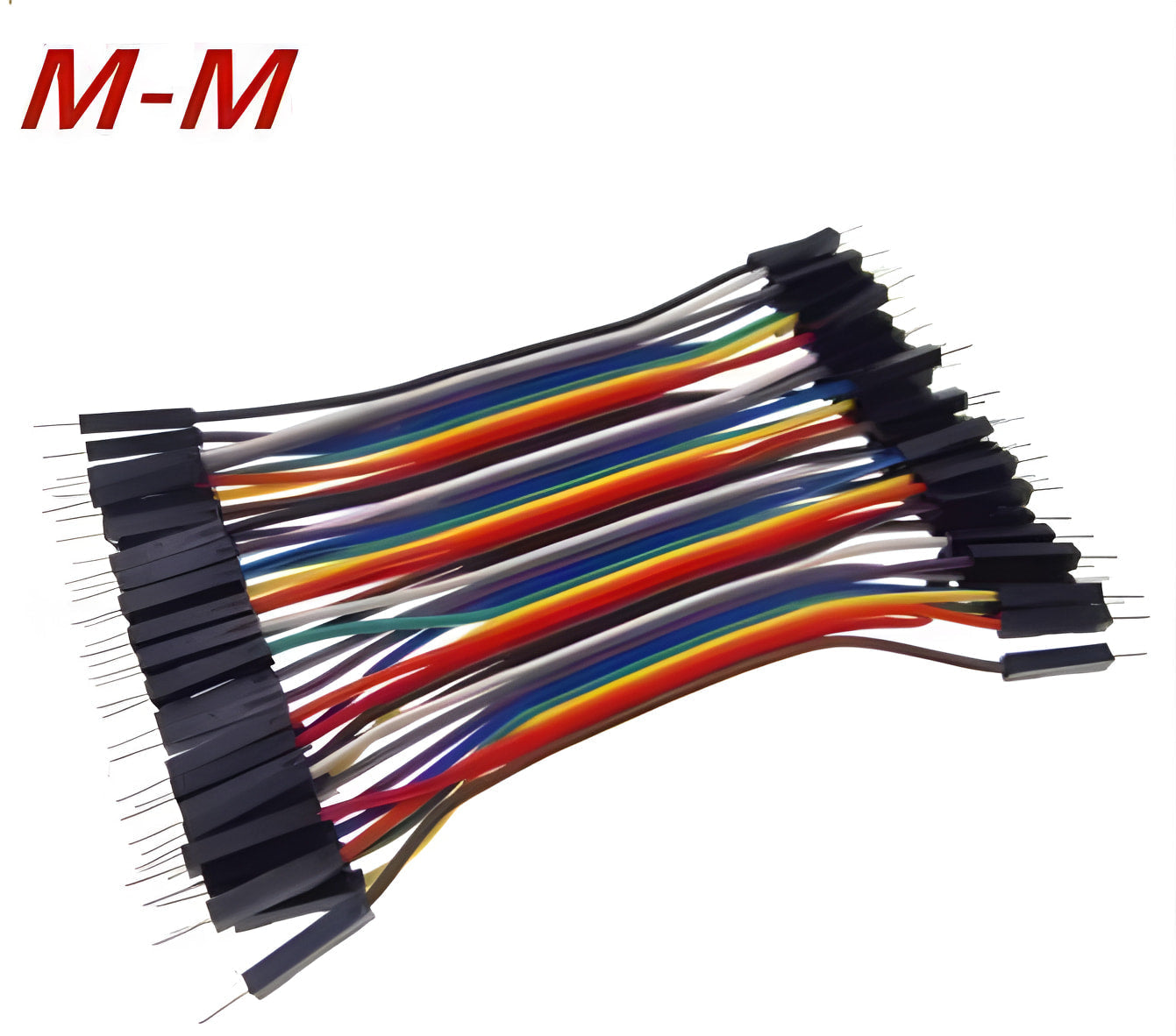 10cm Pin To Pin Jumper Wire Dupont Line 40 Pin Male To Male Arduino Jumper Wires - shown as a multi-coloured ribbon cable with black male pin connectors.