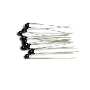 10k NTC Thermistor Thermal Resistor Temperature Sensor NTC-MF52AT - a small pile of black, bead-shaped sensors with two thin, silver metal leads.