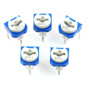 10k RM065 Variable Resistor - shown as a set of five blue and white electronic components with a rotatable adjustment slot marked with the number 103.