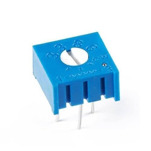 10k Variable Resistor 3386 Single Turn Trimmer Potentiometer - a blue square electronic component with a white slotted adjustment screw and three pins.