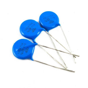 10K471 Varistor 10D471 10D471K 470 v - three blue, circular electronic components with two metal leads each, marked with "10D471K" and safety certification symbols.