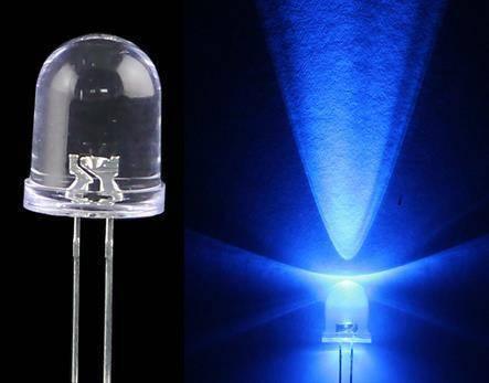 10mm Blue LED Light Emitting Diode - shown as a clear component on the left and illuminated in blue on the right.
