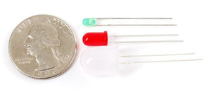10mm Green LED Light Emitting Diode - shown next to a red LED, a larger clear LED, and a US quarter coin for size comparison.