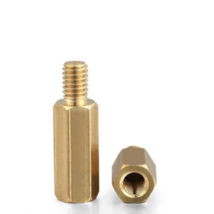 10mm+5mm M3 Male To Female PCB Spacer Brass PCB Standoff - one upright hexagonal brass standoff and another lying flat to reveal its threaded hole.