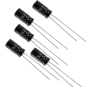 10uF 25V Electrolytic Capacitor - five black cylindrical electrolytic capacitors with two metal wire leads each, arranged on a white background.