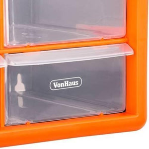 12 Drawer Tool Component Organizer Plastic Storage Box Container - a close-up view showing two clear plastic drawers with the VonHaus logo in an orange frame.